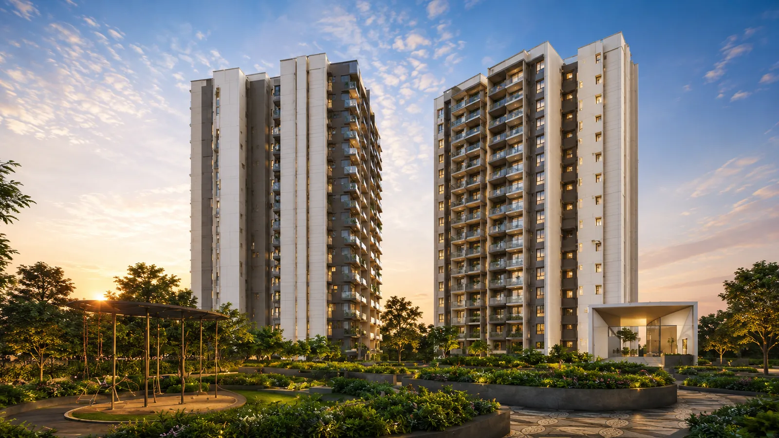 TVS Emerald Avalon towers on Radial Road at sunset